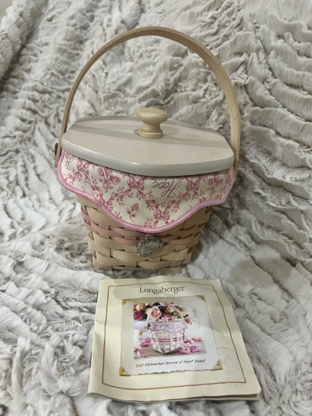 Longaberger Natural Woven Basket with Pink Floral Liner and Wooden Lid